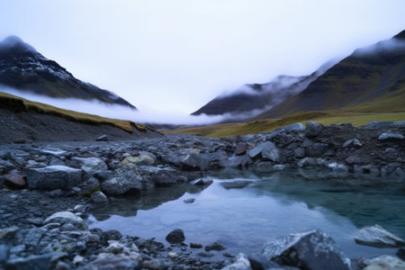 glacial hot spring with steam fog, created with generative aiの素材