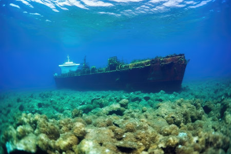 sunken cargo ship with scattered containers in the sea bed, created with generative aiの素材
