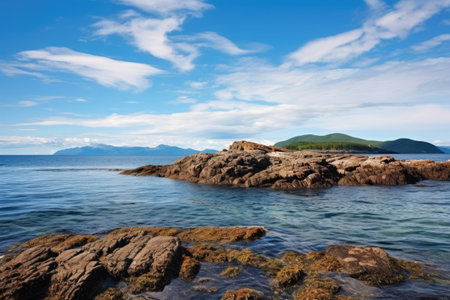 island seen from a pebbly coastline, created with generative aiの素材