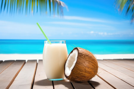 coconut drink with straw on a beach table, created with generative aiの素材
