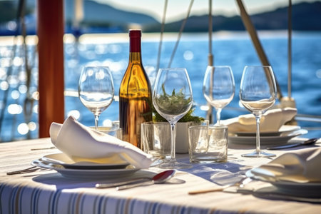 white tablecloth dining with wine glasses at the stern deck, created with generative aiの素材