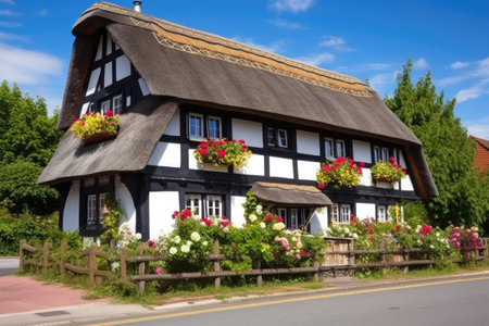 half-timbered house with thatched roof, created with generative aiの素材