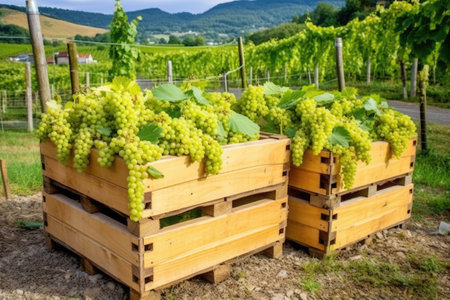 wooden crates of fresh grapes collected from the vineyard, created with generative aiの素材