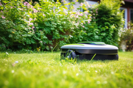 an app controlled robotic lawn mower in action, created with generative aiの素材