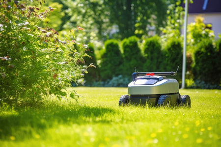 a solar-powered weeding robot rolling on lawn, created with generative aiの素材