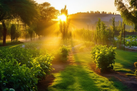 an automatic sprinkler watering a lush garden at dawn, created with generative aiの素材