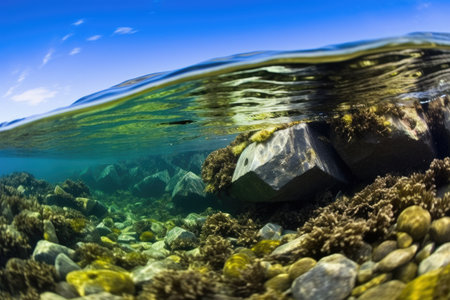 view of a rocky ocean floor with seaweed, created with generative aiの素材