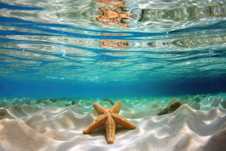 clear water over sandy seafloor with starfish, created with generative aiの素材