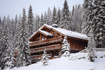 chalet-style resort building surrounded by snow-covered pine trees, created with generative aiの素材