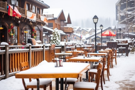 ski resort restaurant outdoor seating with snow-covered tables, created with generative aiの素材