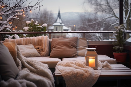 a cozy outdoor terrace with blankets and surrounded by snow, created with generative aiの素材