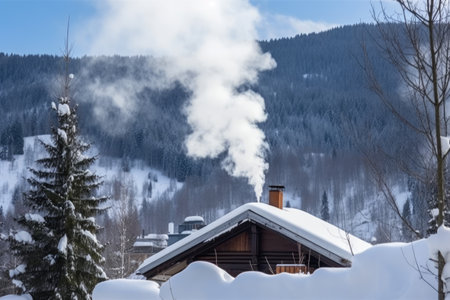smoke from a log cabin chimney in a snowy alpine resort, created with generative aiの素材