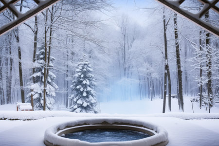 outdoor hot tub surrounded by snow, created with generative aiの素材