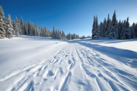 low angle shot of ski tracks leading down a snow-covered hill, created with generative aiの素材