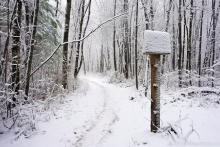 winter hiking trail marked with a signpost in the snow, created with generative aiの素材