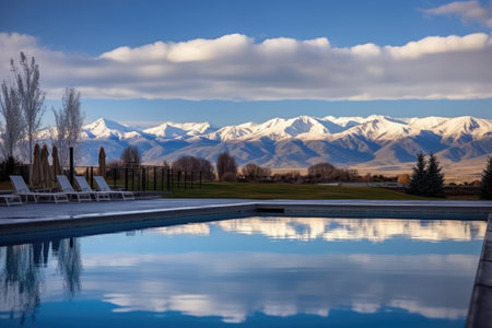 the view of snowy peaks from a heated pool, created with generative aiの素材