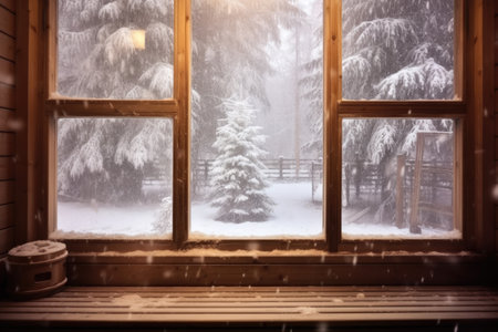 an indoor sauna with snow flurry through the window, created with generative aiの素材