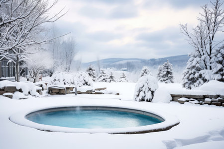 a snow-covered resort with an outdoor spa pool, created with generative aiの素材