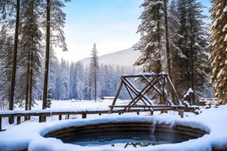 an open-air tub with hot water in a snowy resort setting, created with generative aiの素材