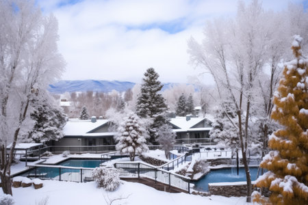 snow-capped trees surrounding a small resort spa, created with generative aiの素材