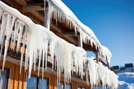 icicles hanging from the rooftop of a snow resort lodge, created with generative aiの素材