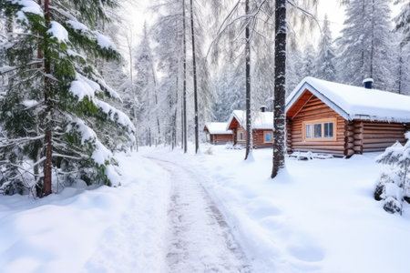 snowy path leading to a sauna cabin in the resort, created with generative aiの素材