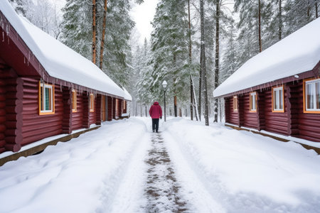 snowy path leading to a sauna cabin in the resort, created with generative aiの素材