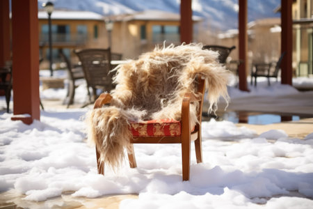 fur pelt thrown on chair in the snowy patio of a resort, created with generative aiの素材