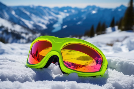neon colored snow goggles by a snowy mountain backdrop, created with generative aiの素材