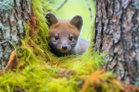 pine marten cautiously poking out from a tree hole, created with generative aiの素材