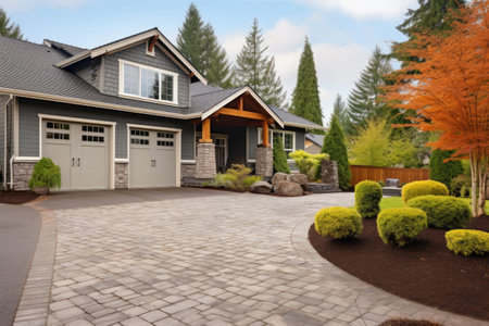 craftsman home exterior with stone path and wooden garage doors, created with generative aiの素材