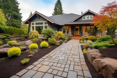 stone walkway leading to a craftsman-style house, created with generative aiの素材
