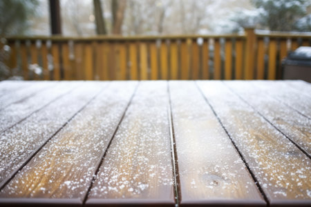 sleet covering a wooden patio table, created with generative aiの素材