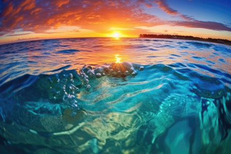 an aqua ocean reflecting a breathtaking sunset, created with generative aiの素材