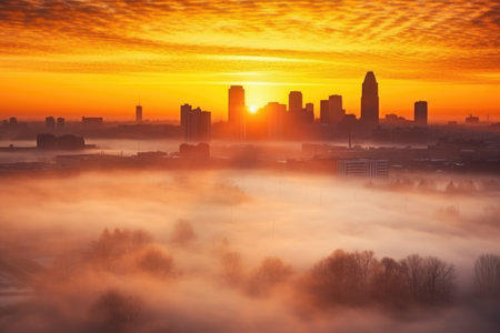 a radiant sunrise illuminating a foggy cityscape, created with generative aiの素材
