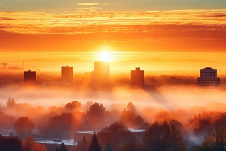 a radiant sunrise illuminating a foggy cityscape, created with generative aiの素材