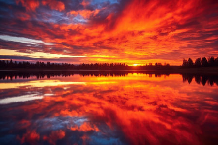 fiery red sunset mirroring on tranquil lake waters, created with generative aiの素材