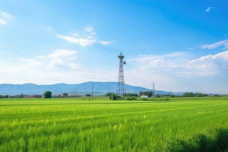mobile tower amidst grass field in daylight, created with generative aiの素材