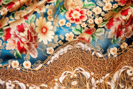 close-up of heavy brocade fabric with intricate patterns, created with generative aiの素材
