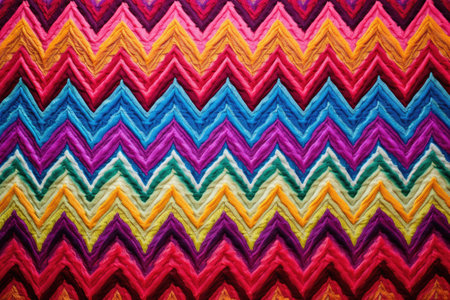 brightly coloured, woven textile with zigzag pattern, created with generative aiの素材