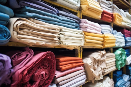 a pile of various rolled-up fabrics in a warehouse, created with generative aiの素材