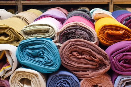 a pile of various rolled-up fabrics in a warehouse, created with generative aiの素材