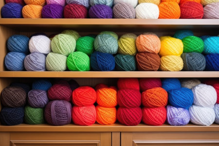 pile of multicolored yarn balls on a shelf, created with generative aiの素材