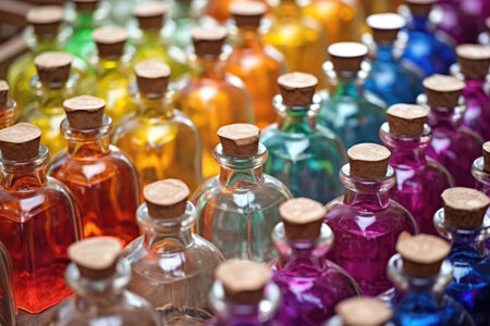 detailed view of textile dyes in glass bottles, created with generative aiの素材