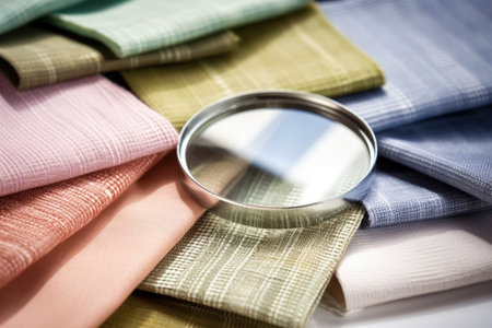 fabric samples with a magnifying glass emphasizing thread count, created with generative aiの素材