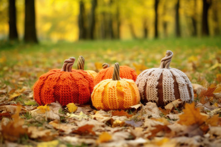 woolen floor pumpkins as decorative elements in autumn setting, created with generative aiの素材