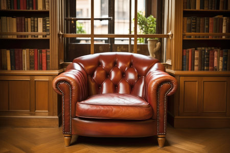 leather bound armchair in a reading room, created with generative aiの素材