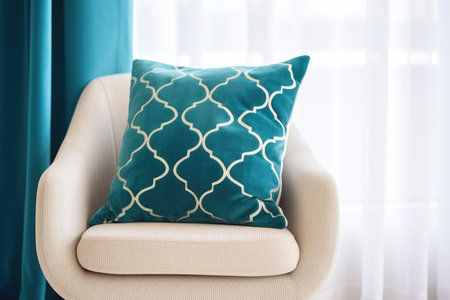 a velvet teal cushion on a modern chair, created with generative aiの素材