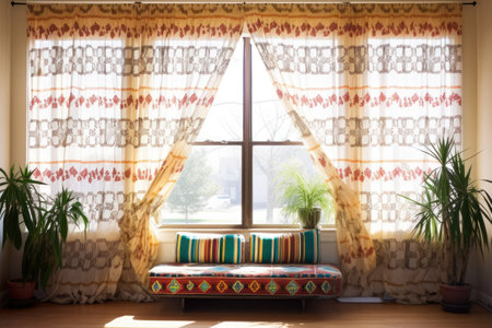 patterned drapes hanging over a large window, created with generative aiの素材