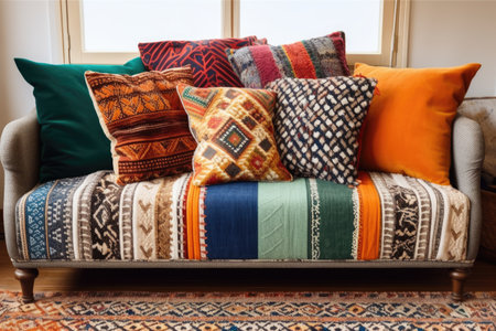 a sofa with throw pillows of different patterns, created with generative aiの素材